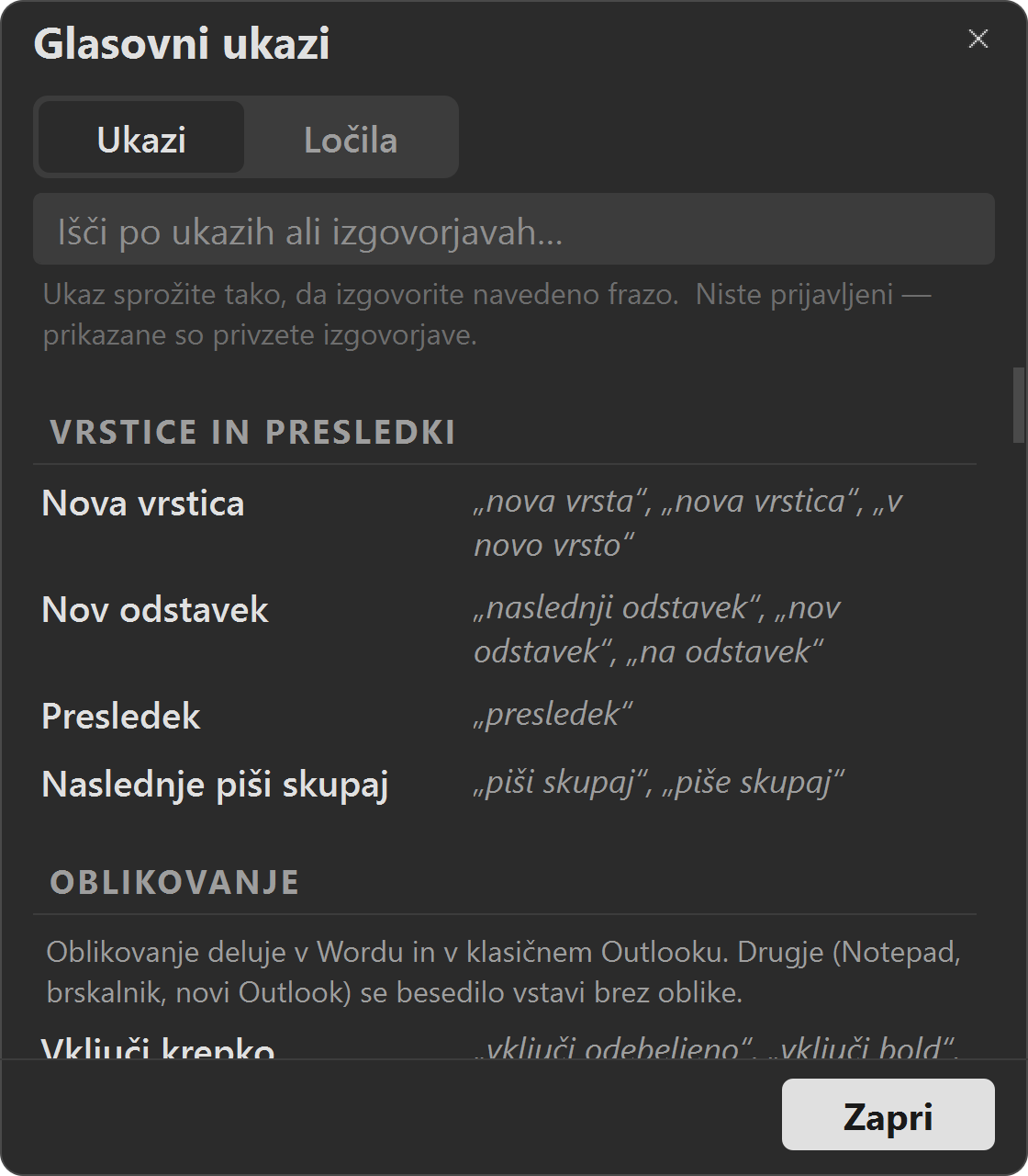 Okno Glasovni ukazi s seznamom fraz
