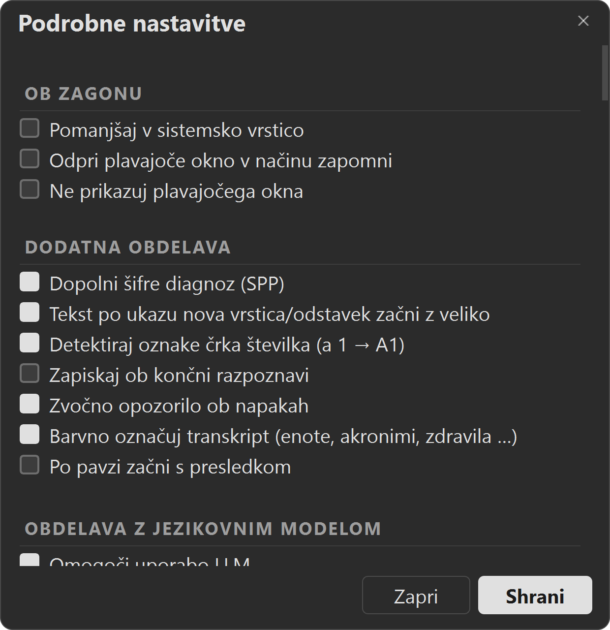 Podrobne nastavitve