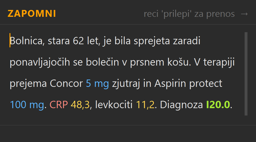 Plavajoče okno z razpoznanim besedilom
